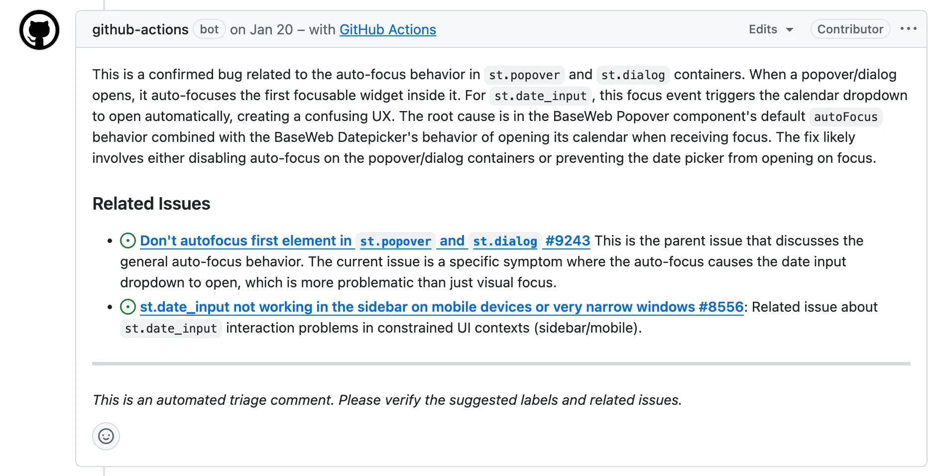 AI issue triage comment example